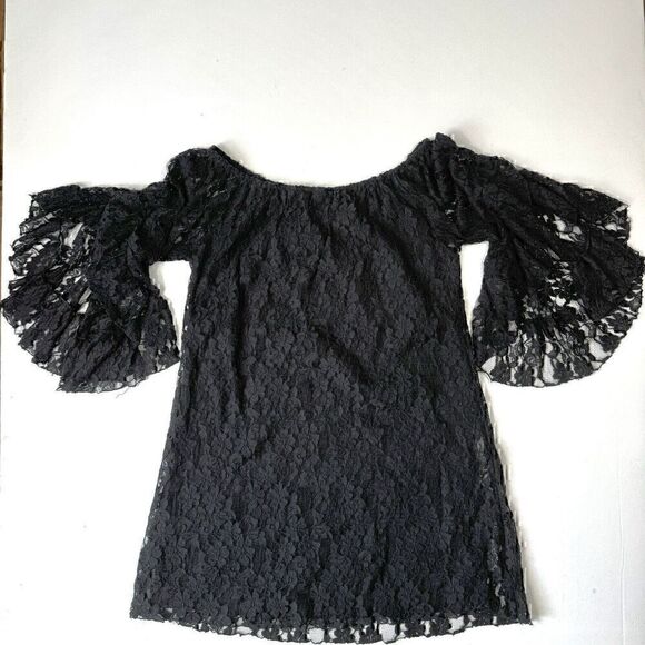 Elan Floral Lace Off the Shoulder Black Romantic Flare Sleeve Mini Dress Sz. L - Picture 3 of 10